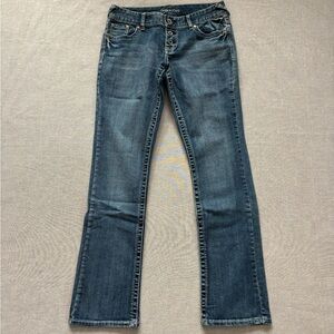 Maurices vintage Y2K low rise bootcut jeans with patterned pockets